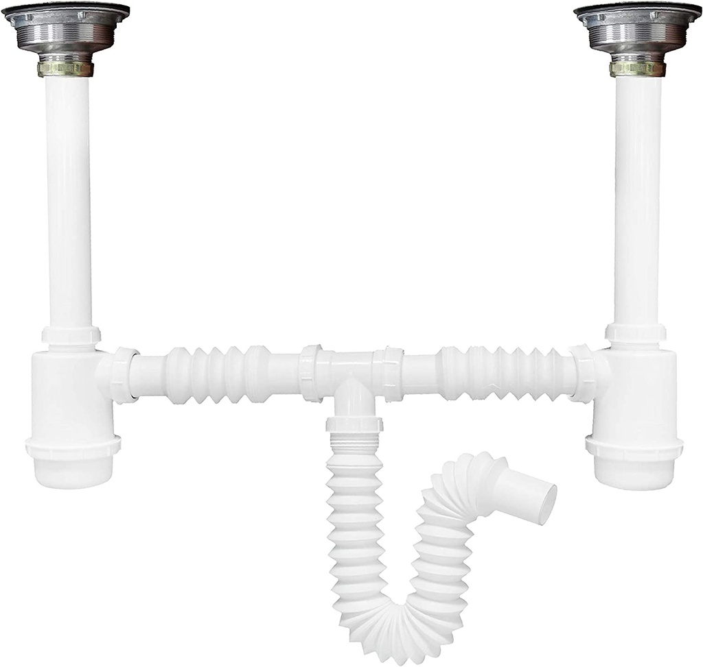 DESAGUE CON DOBLE BOTE, EXTENSION DE 55 CM Y 2 CONTRA CANASTAS DE ACERO INOX. FLEXIMATIC