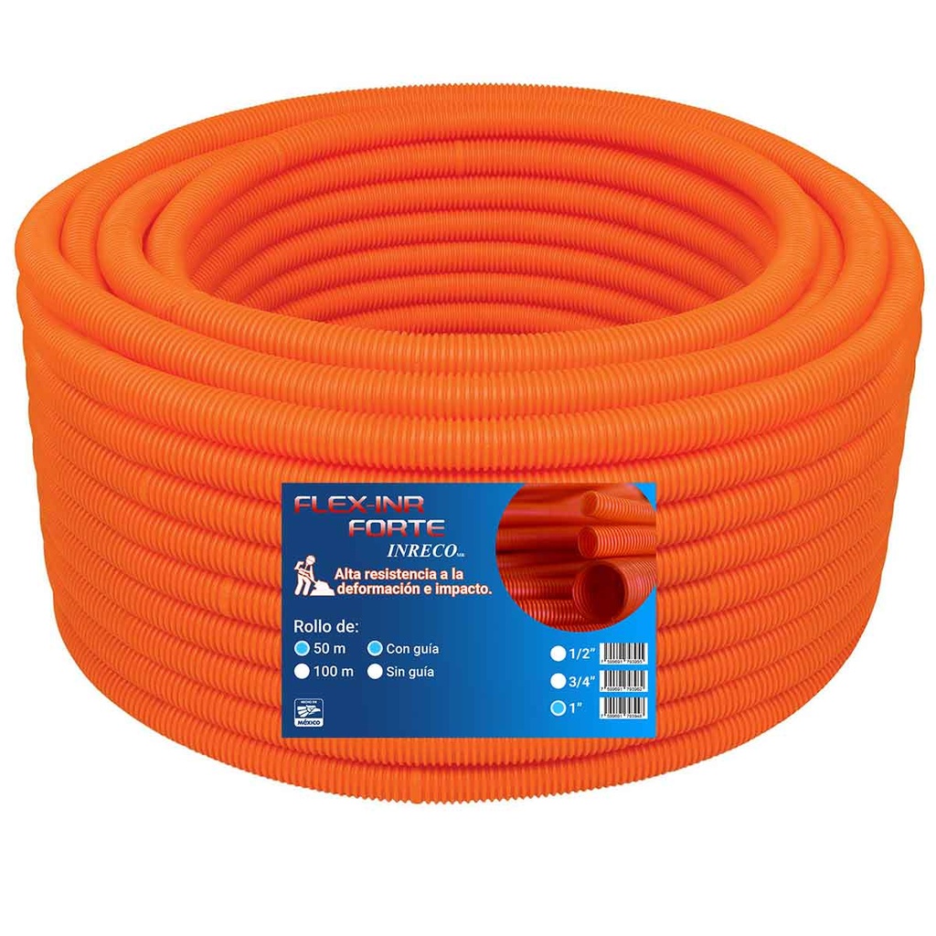 TUBO FLEXIBLE CORRUGADO FLEXINR NARANJA 1" 50 MTS CON GUIA FORTE