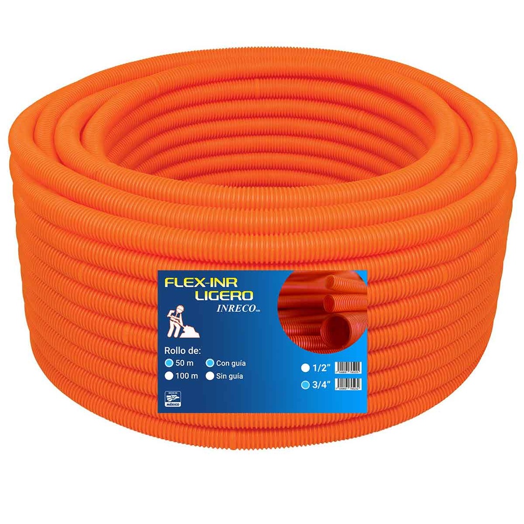 TUBO FLEXIBLE CORRUGADO FLEXINR NARANJA 3/4" 50 MTS CON GUIA LIGERO