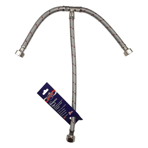[4138] MANGUERA ALIMENTADORA TIPO "Y" CON INSERTO DE LATON PARA LAVABO Y FREGADERO 1/2  X 1/2 X 1/2X 55CM FLEXIMATIC